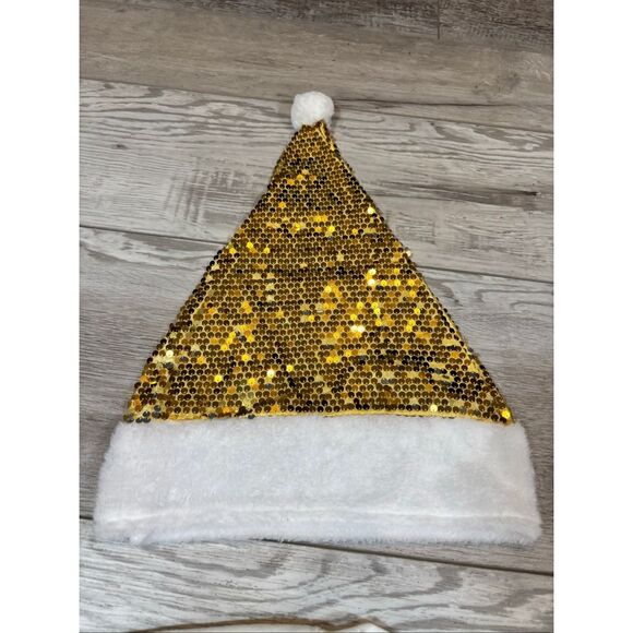 Vinyl ladies gold bow Christmas sweater sweatshirt with Santa hat size M - Picture 6 of 9